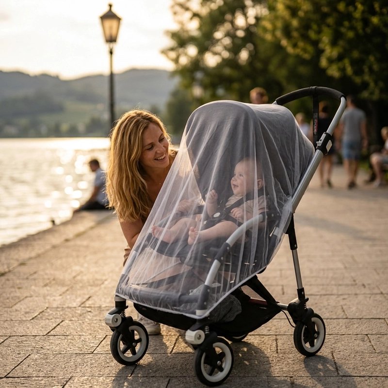 Moustiquaire poussette | Respira, filet gris clair transparent posé sur une poussette noire avec bébé assis dessous.