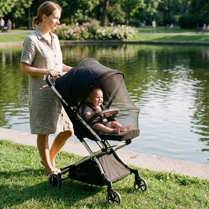 Moustiquaire poussette avec fermeture éclair noire en maille fine, enveloppant une poussette compacte avec bébé assis.
