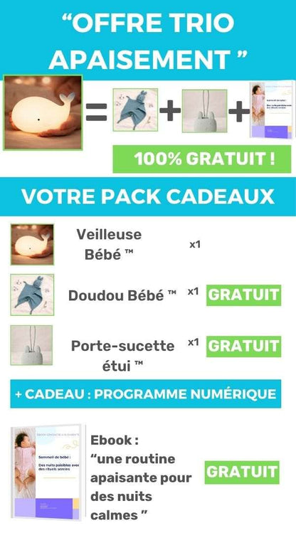Trio Cadeau Bébé – Veilleuse Douce, Doudou & Porte-Sucette | eBook Inclus