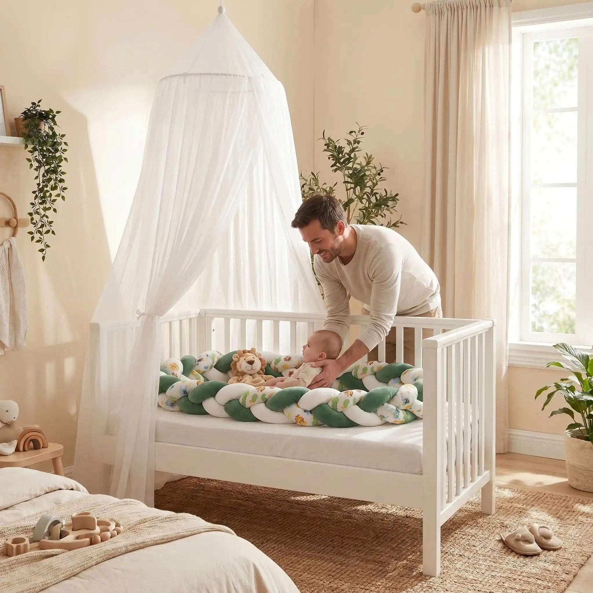 bébé entouré d'un tour de lit tressé vert cocon protecteur doux et sécurisé