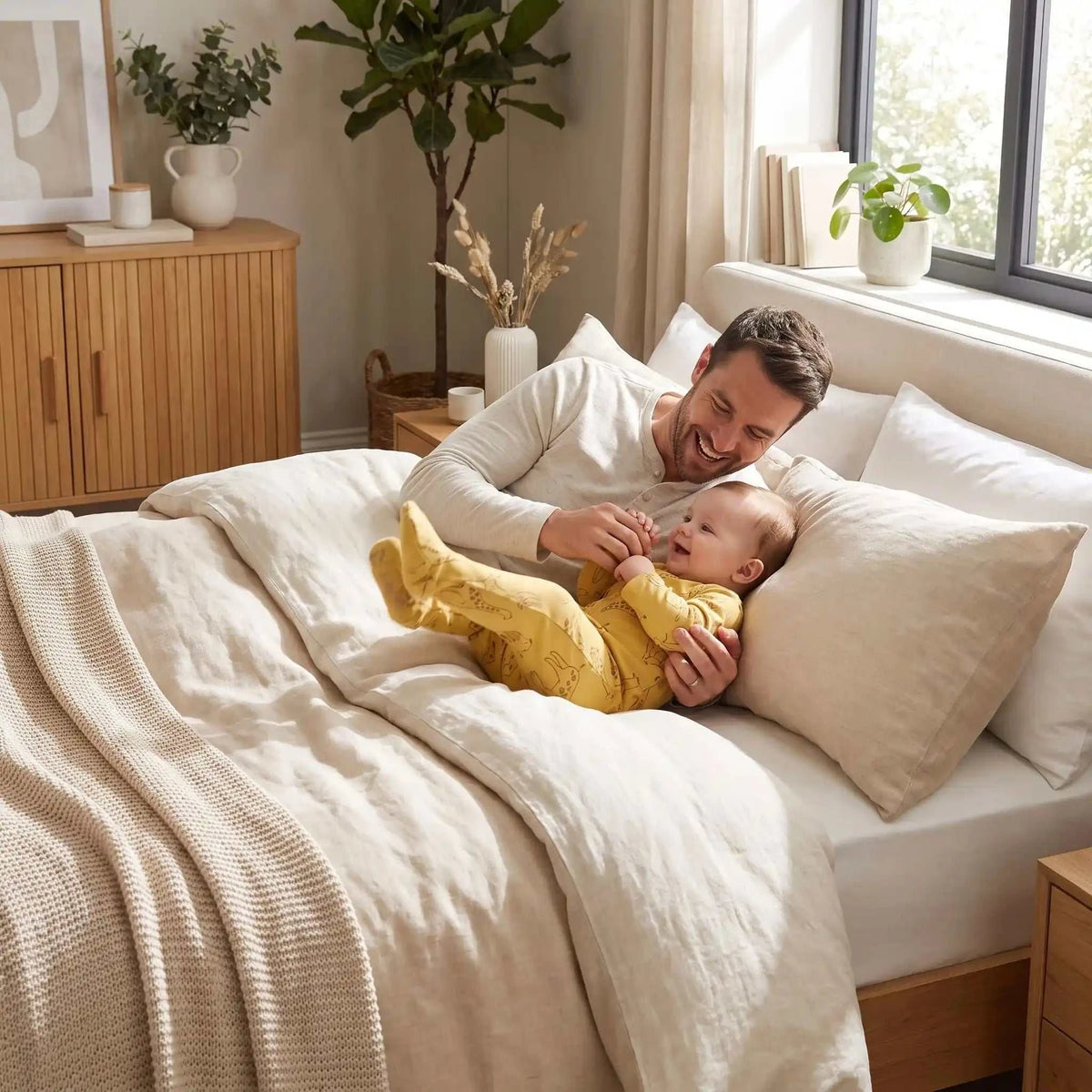 papa avec son bébé dans le grand lit avec son pyjama bébé moutarde
