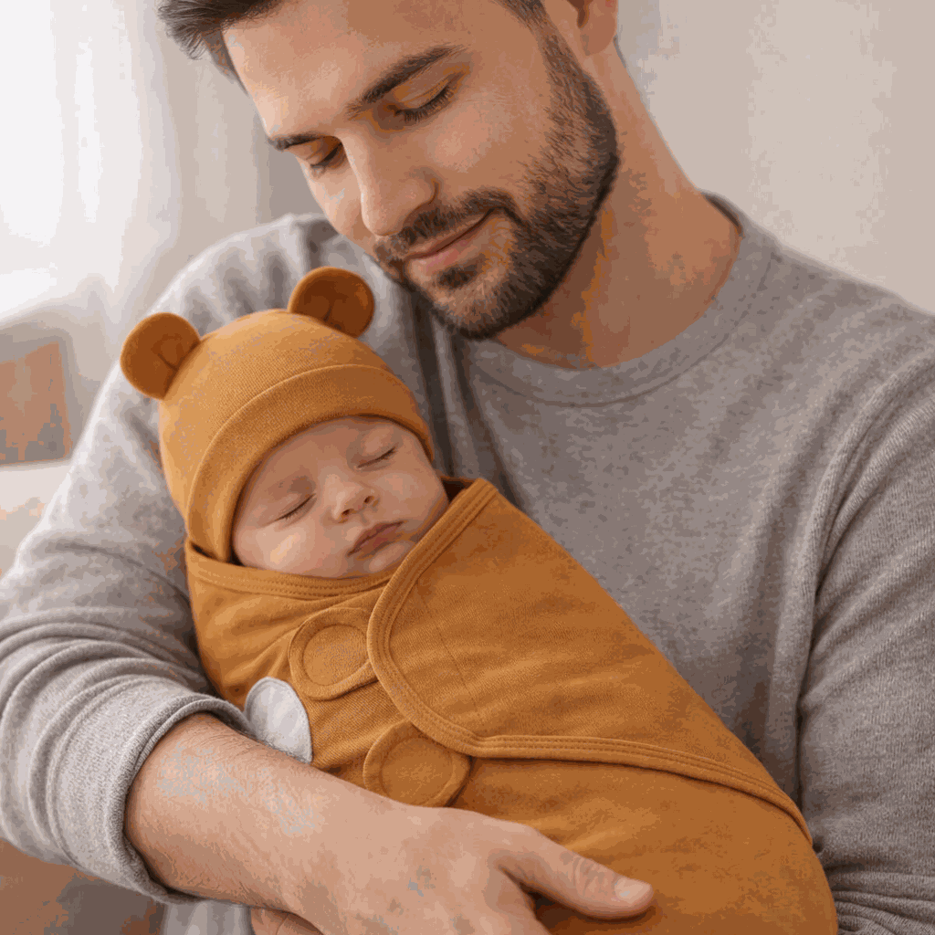 papa tenant dans ses bras son bébé bien envelopper dans son emmaillotage couverture marron