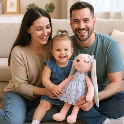 parent tenant dans ses bras leur file avec sa peluche lapin