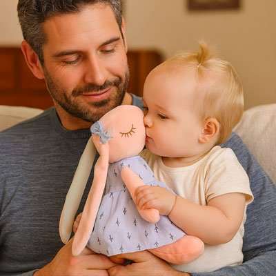 Peluche lapin dans les main de bebe jouant avec son papa