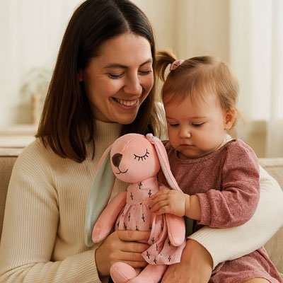 Peluche lapin rose dans les bras de bebe
