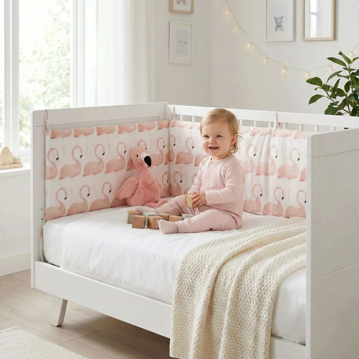 petite fille dans son lit avec son doudou entourer de tour de lit bébé