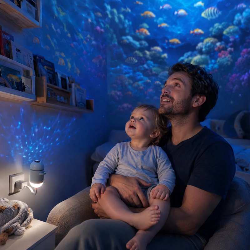 Projecteur enfant | Dodo blanc compact à bras flexible, diffusant des motifs marins bleus sur les murs.