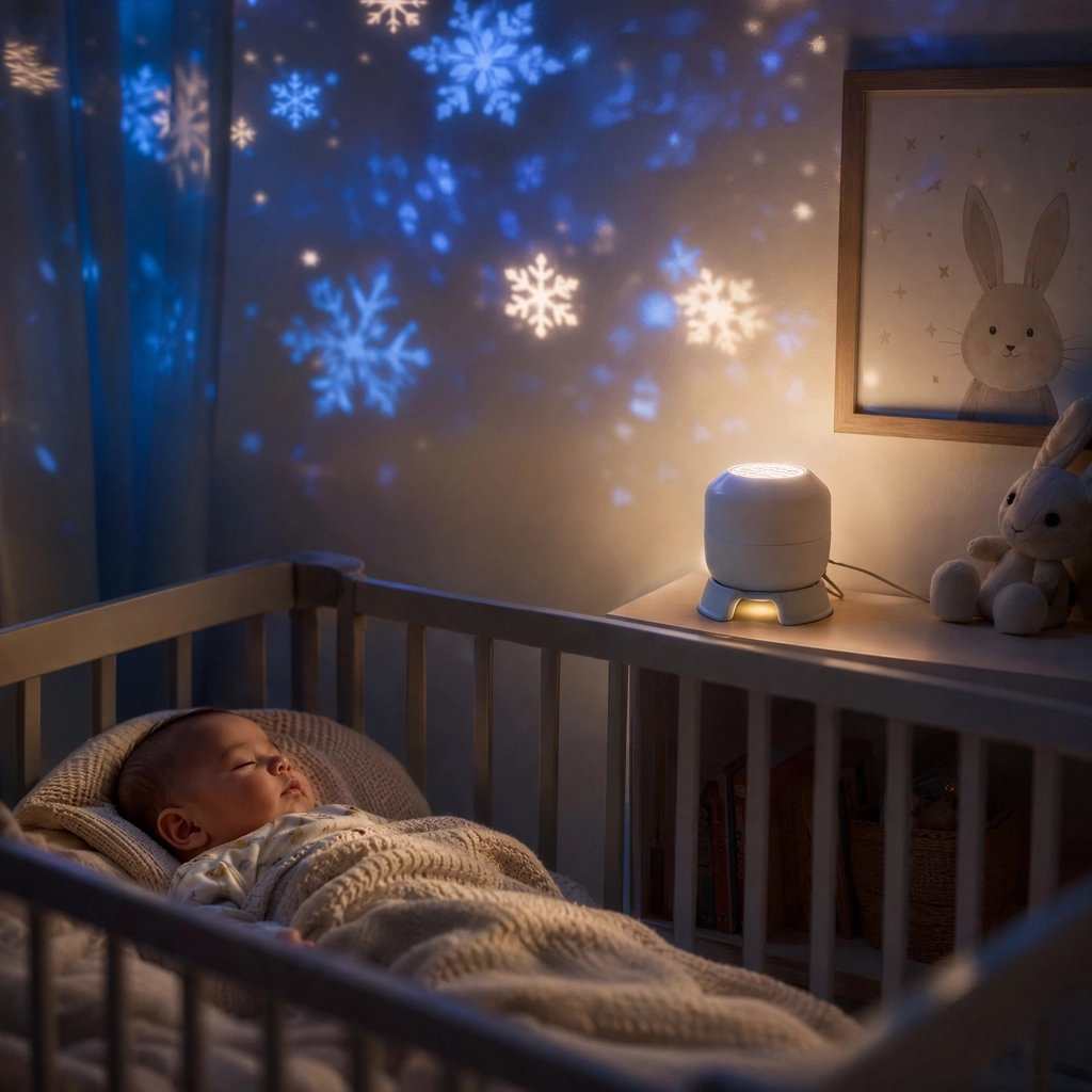 Projecteur enfant blanc à surface lisse, diffusant des flocons de neige bleus et blancs sur les murs.