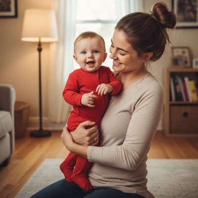 Pyjama bébé garçon rouge à manches longues, en tissu uni, porté par un bébé et couvrant ses pieds.