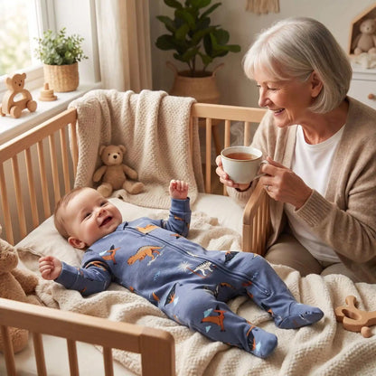 pyjama bébé bleu porter par bébé a coter sa mamie