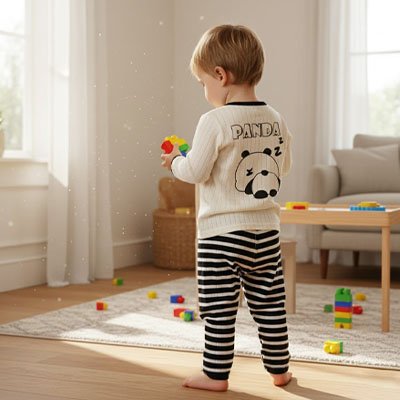 Pyjama bebe | Panda Gaufré en maille gaufrée écrue, avec panda noir au dos et pantalon à rayures noires et blanches.