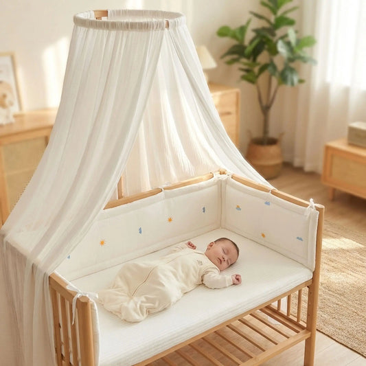 bébé dors sous un ciel de lit entourer de tour de lit bébé soleil