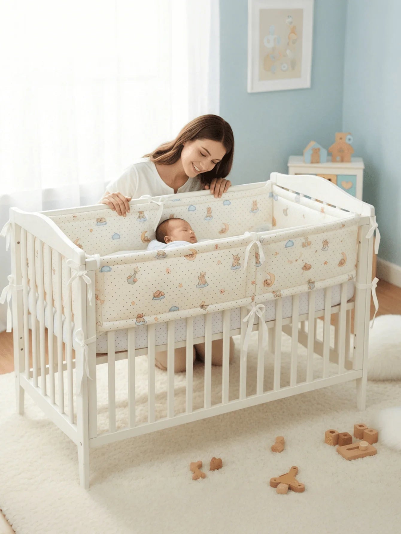 maman avec bébé entourer de tour de lit ourson