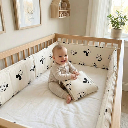 bébé assis dans son lit entourer de tour de lit ourson