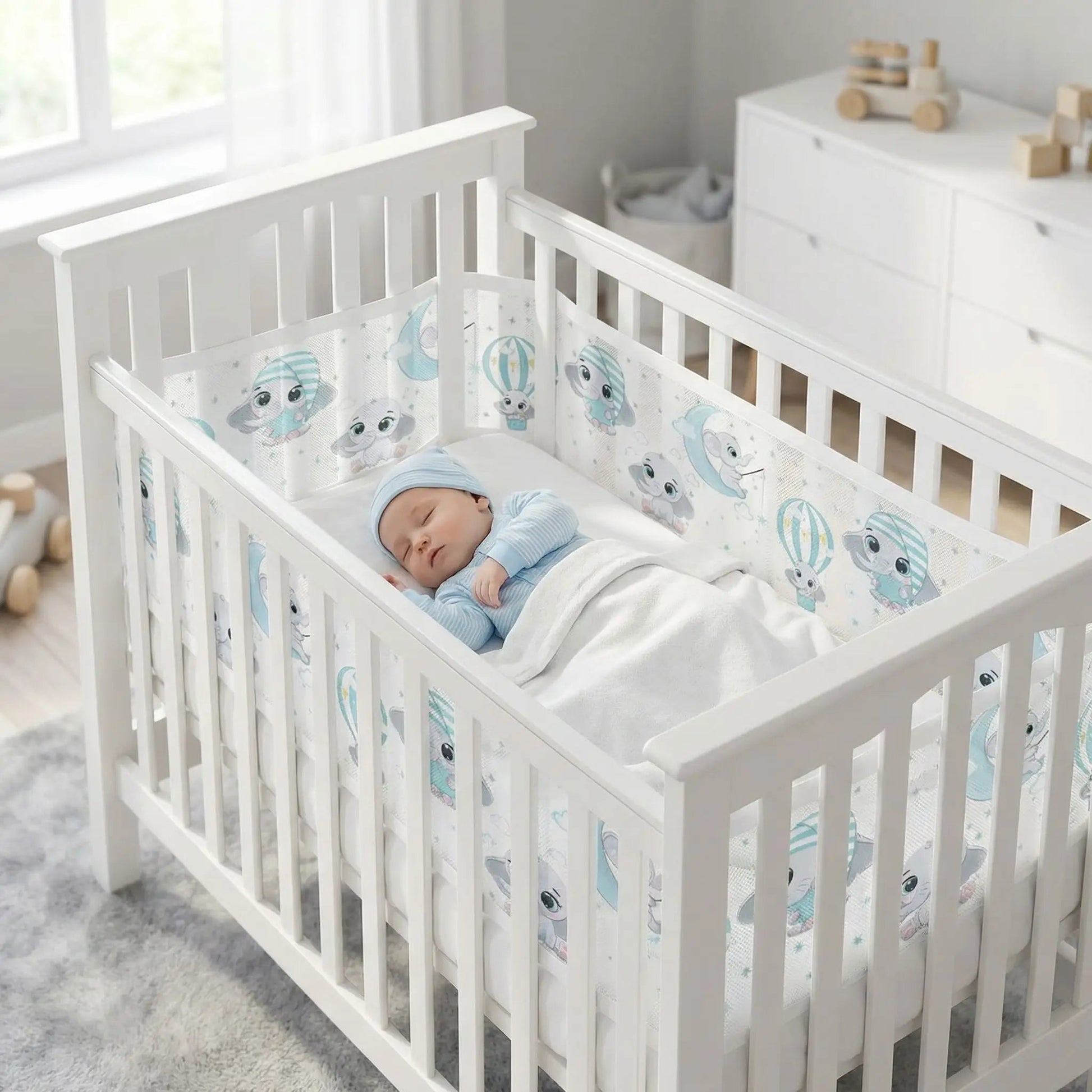 bébé dort dans son lit protéger par un tour de lit respirant