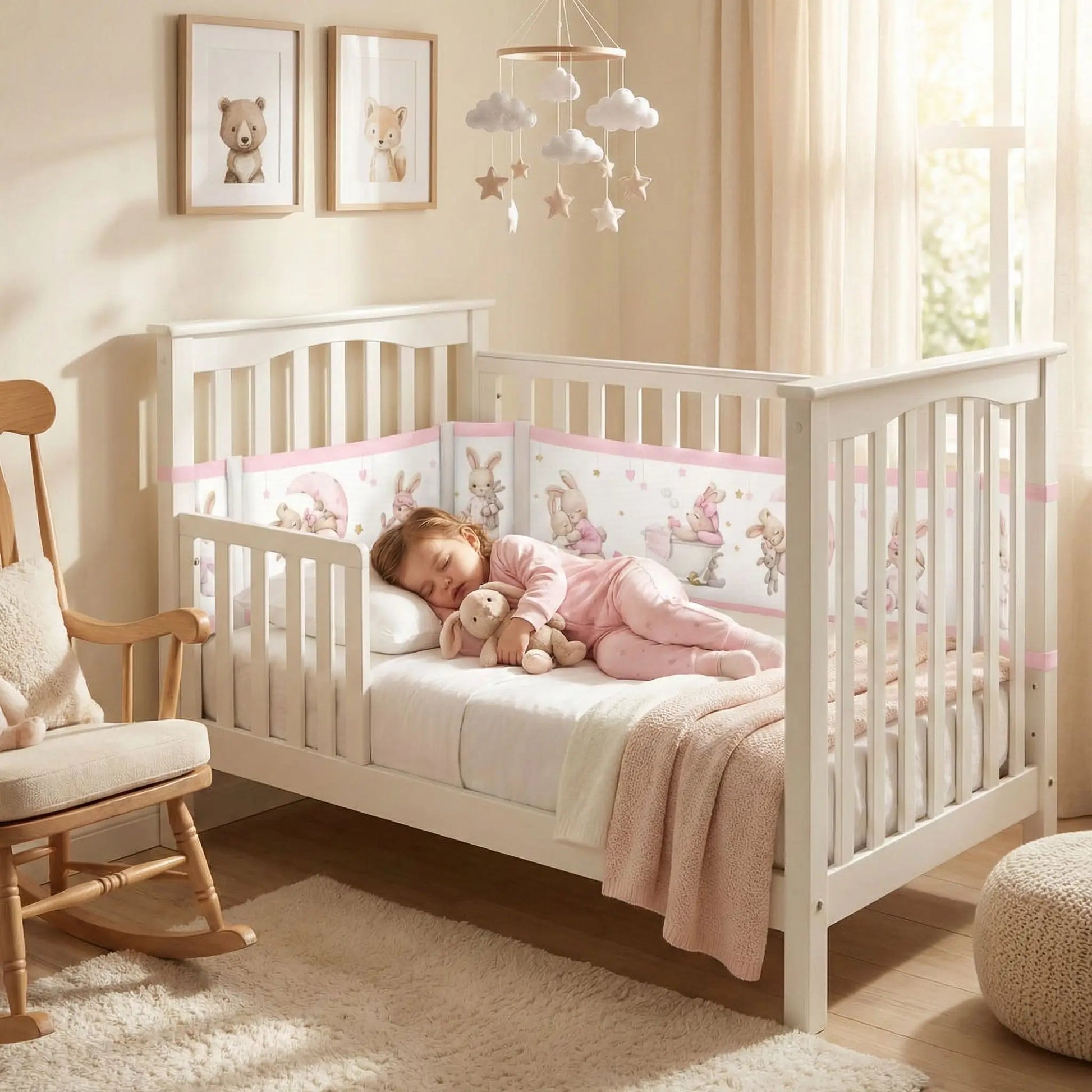 fillette allonger dans son lit entourer de tour de lit respirant