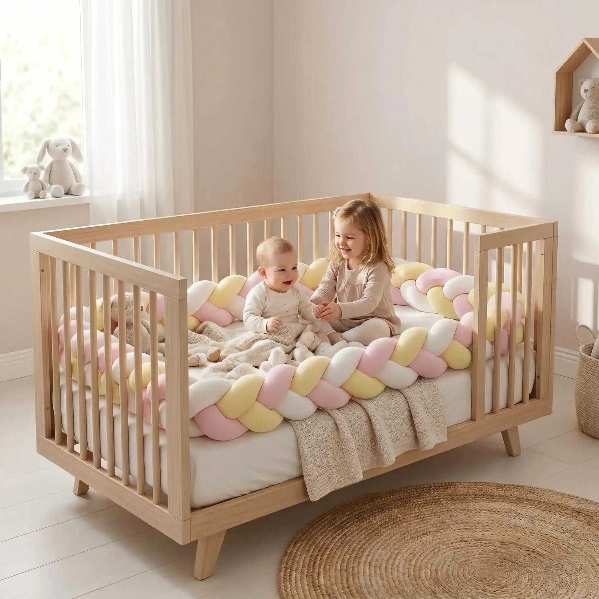 Tresse de lit bébé en coton velours créant un cocon protecteur et douillet dans le berceau.