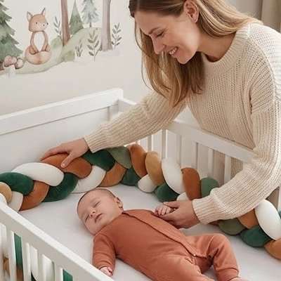 Tresse de lit douce et colorée entourant un lit bébé pour confort et sécurité