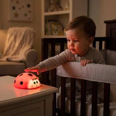 Veilleuse bébé en forme de coccinelle avec lumière rouge douce apaisante pour endormissement sécurisé.