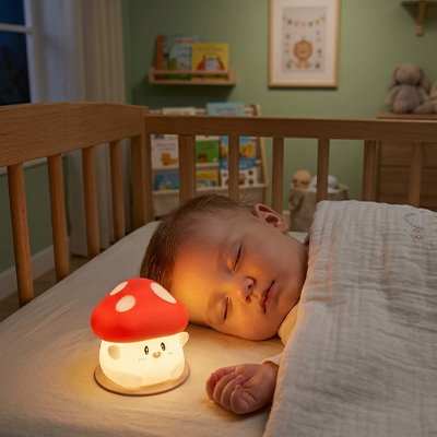 Veilleuse bébé champignon douce et réglable pour nuits apaisées a coté de bébé 