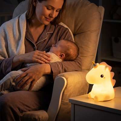 Veilleuse bébé licorne a cote de maman tenant dans ses bras son bébé