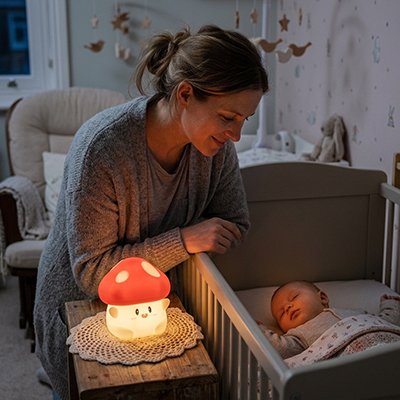 Veilleuse bébé champignon lumineuse dans les mains de maman