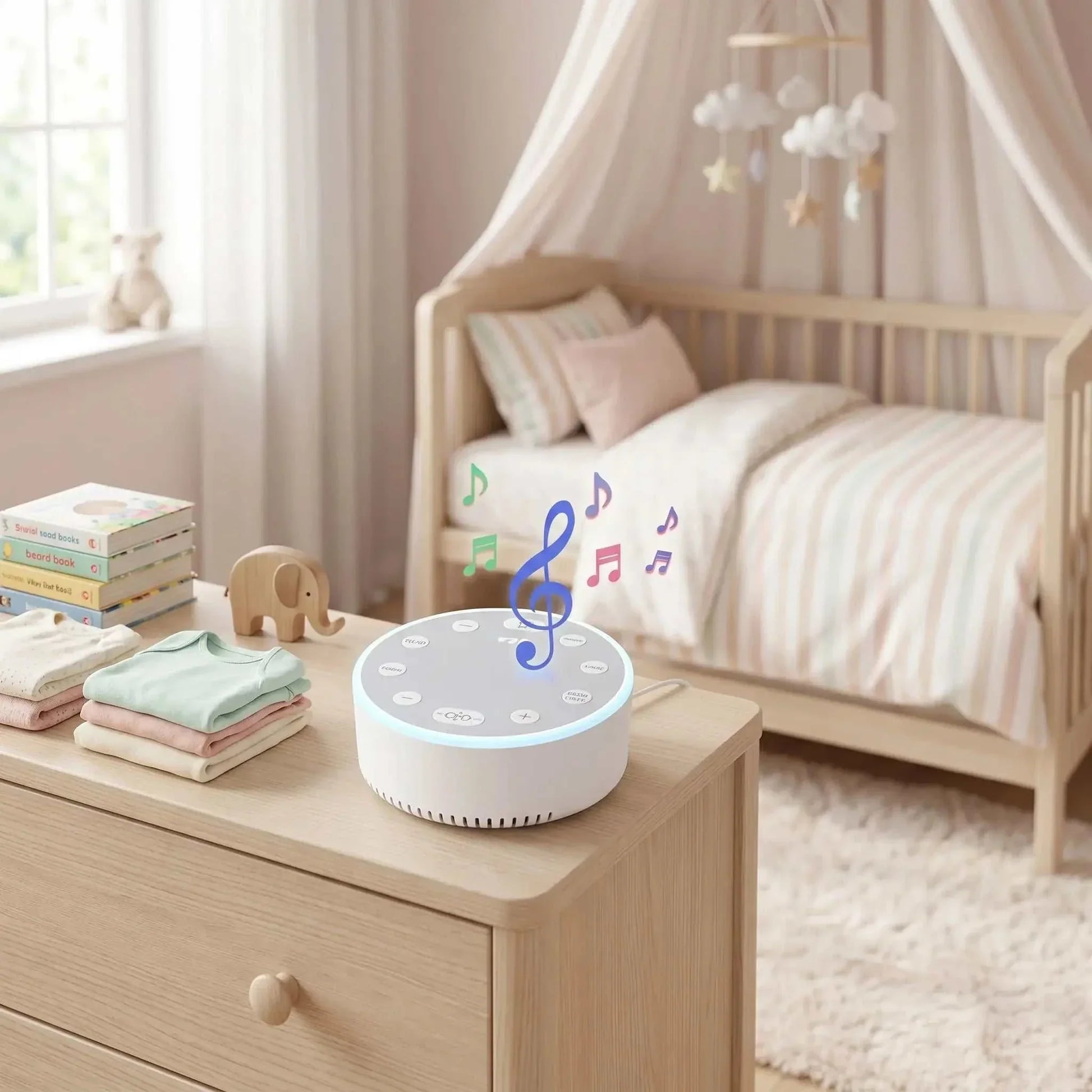Veilleuse bruit blanc rechargeable pour bébé avec lumière douce et sons apaisants