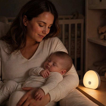 Veilleuse bruit blanc en forme d'œuf avec lumière LED chaude, plastique blanc lisse, ambiance douce pour bébé endormi.