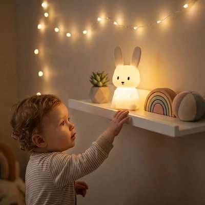 Veilleuse lapin douce pour enfants avec lumière apaisante et design en silicone sûr.